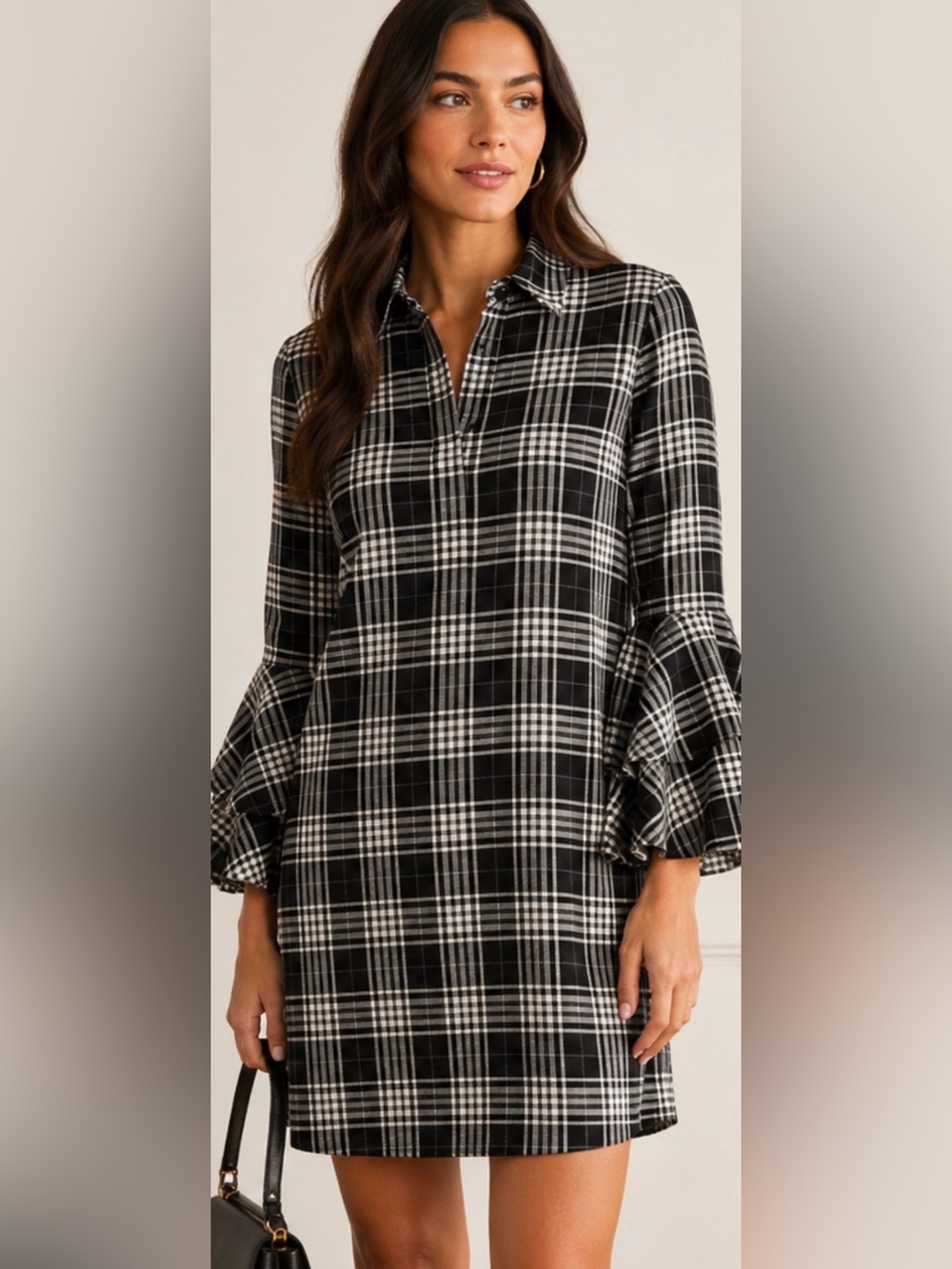 Alice + Olivia Jem Plaid Ruffle Bell Sleeve Shirt Dress Black White Size M